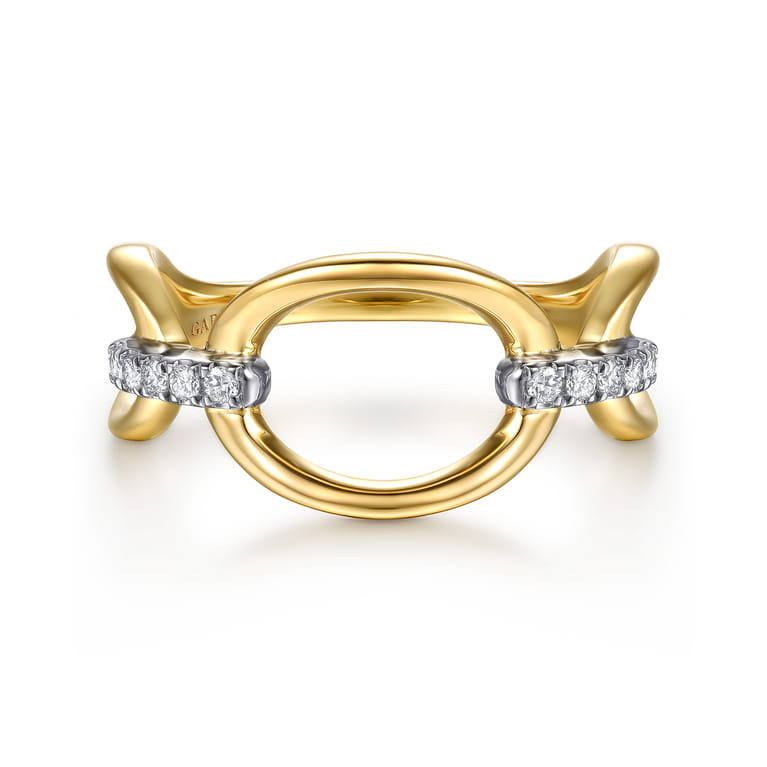 14K White  Yellow Gold Diamond Oval Link Chain Ring - 0.1 ct - Shot 1