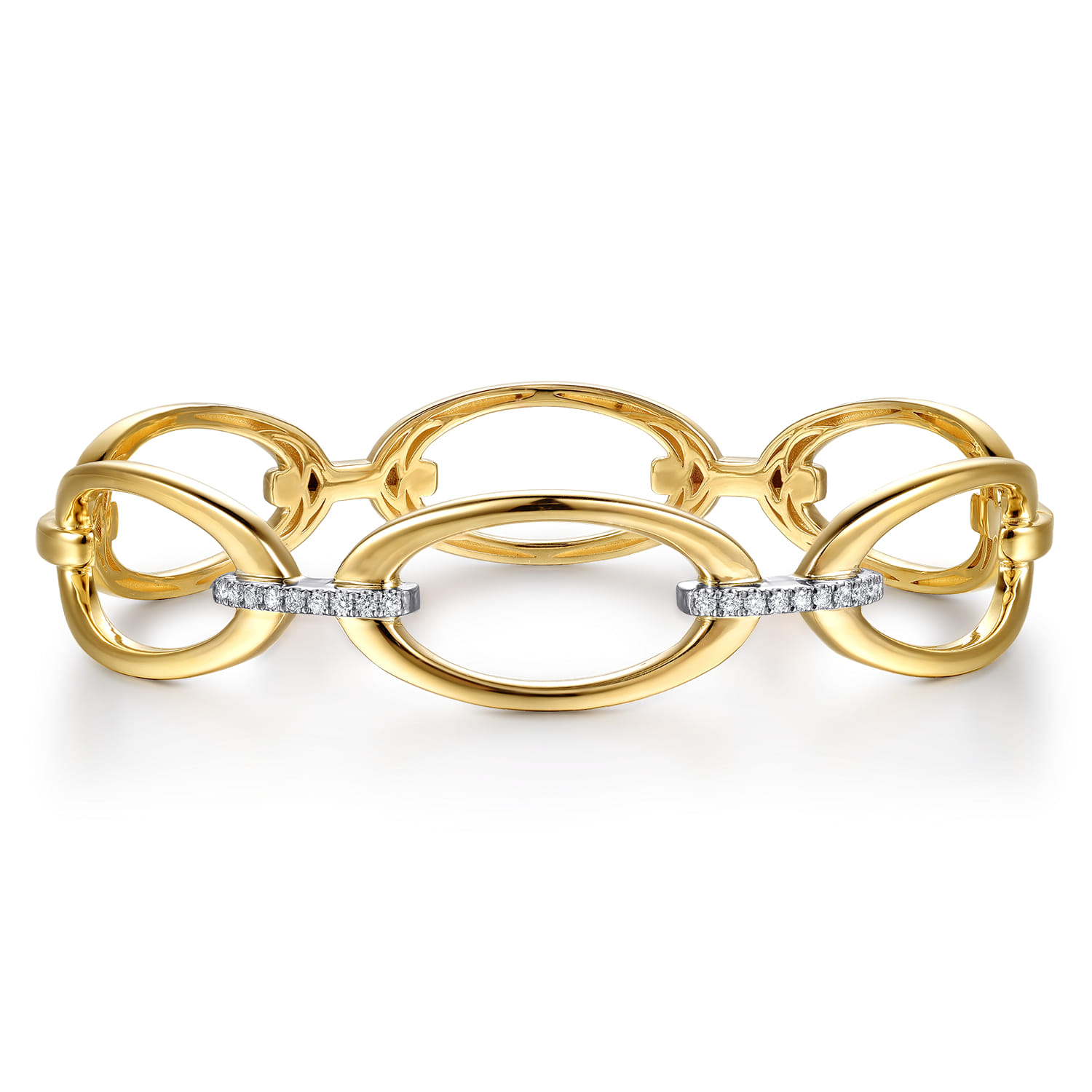 14K White  Yellow Gold Diamond Oval Link Closed Bangle Bracelet - 0.16 ct - Shot 1