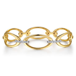 14K White  Yellow Gold Diamond Oval Link Closed Bangle Bracelet