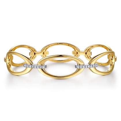 14K White  Yellow Gold Diamond Oval Link Closed Bangle Bracelet