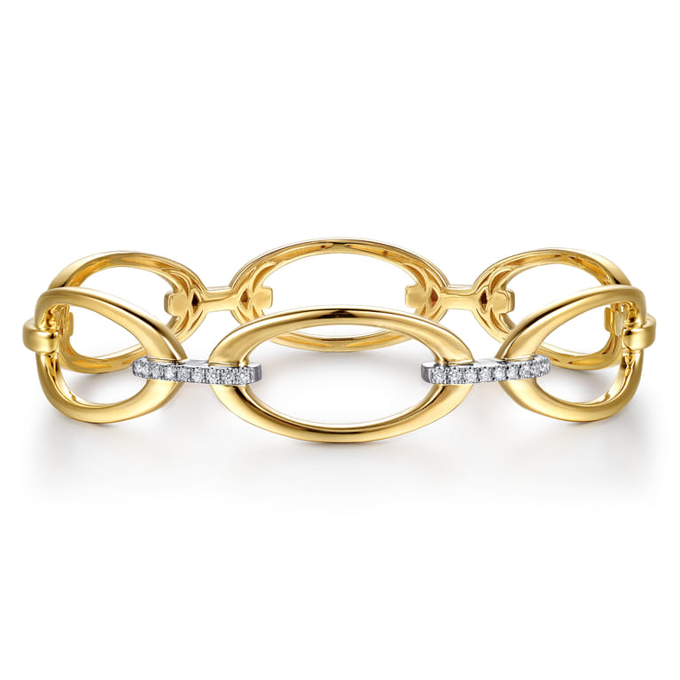 14K White  Yellow Gold Diamond Oval Link Closed Bangle Bracelet - 0.16 ct - Shot 1