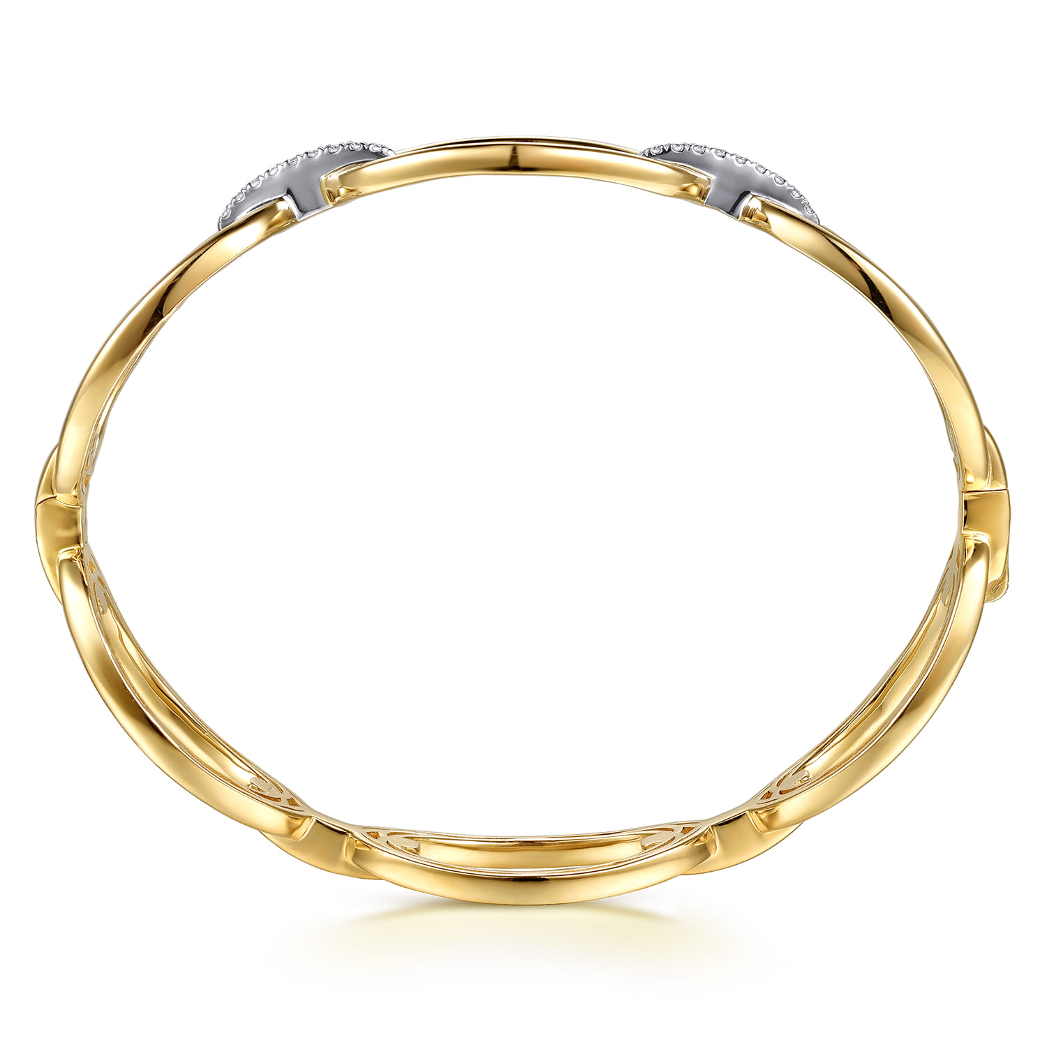 14K White  Yellow Gold Diamond Oval Link Closed Bangle Bracelet - 0.16 ct - Shot 2