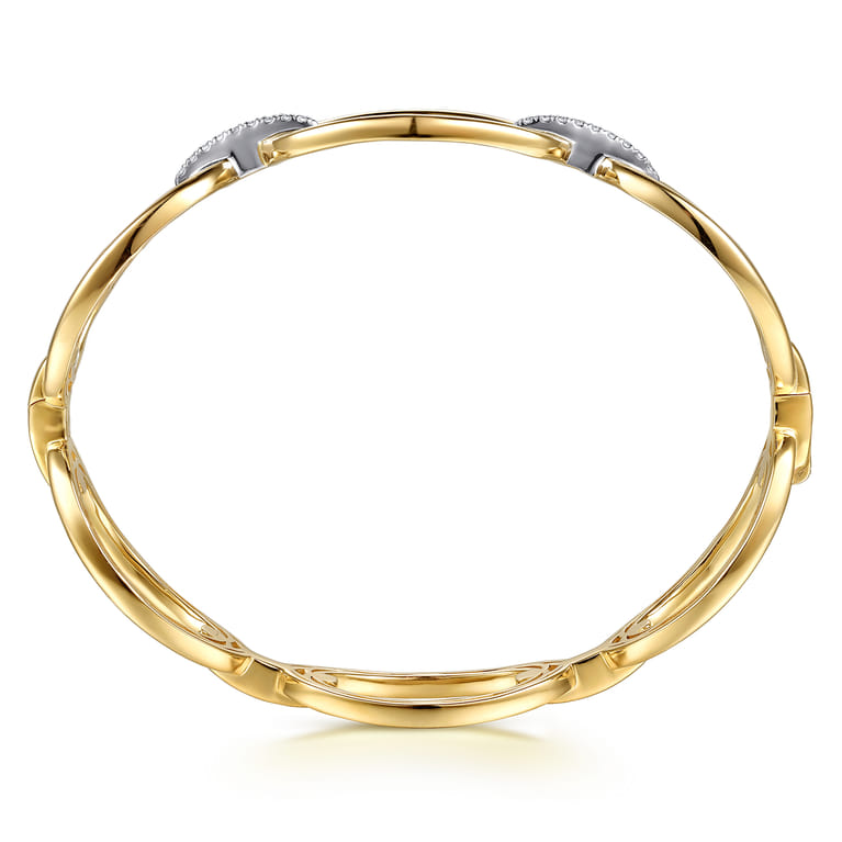 14K White  Yellow Gold Diamond Oval Link Closed Bangle Bracelet - 0.16 ct - Shot 2