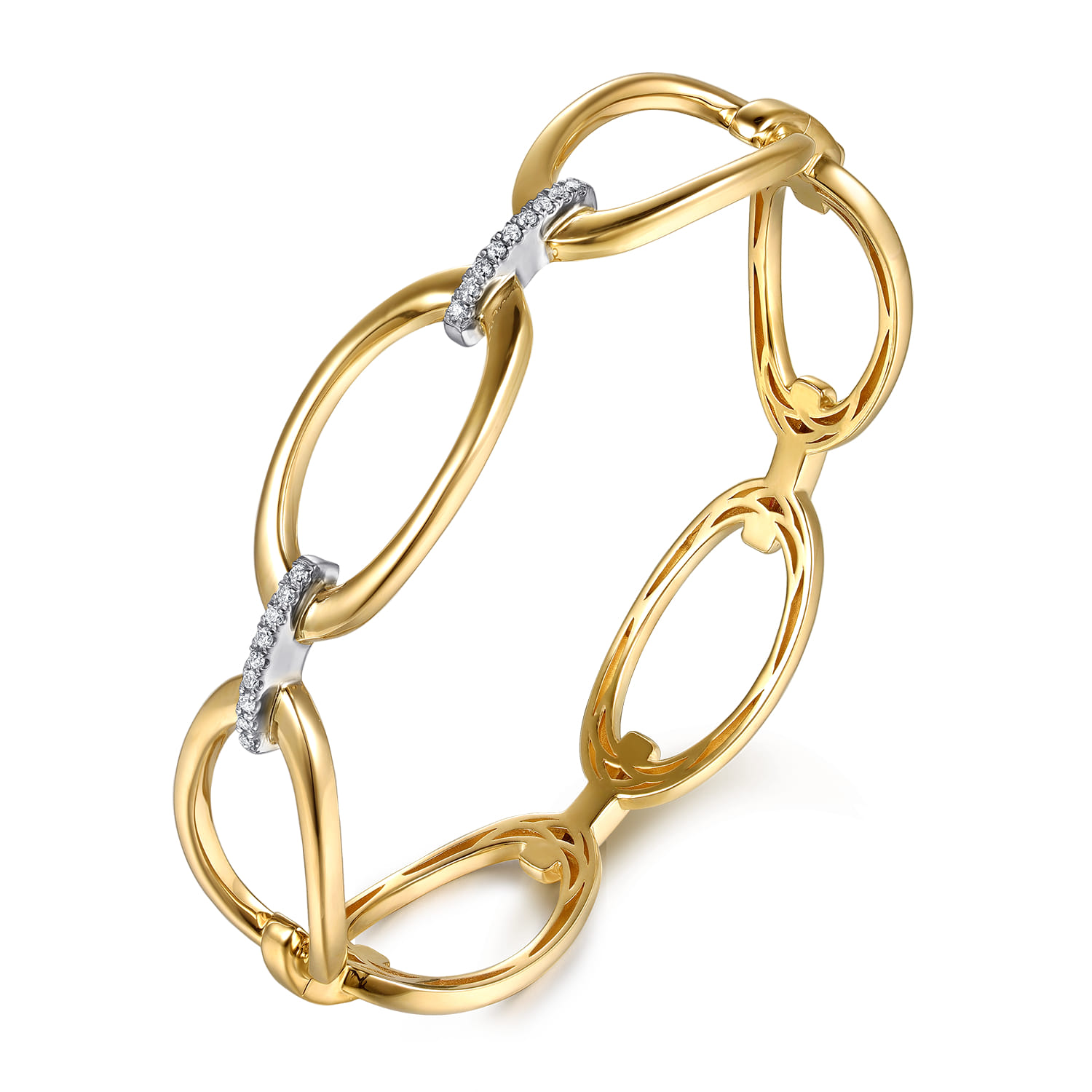14K White  Yellow Gold Diamond Oval Link Closed Bangle Bracelet - 0.16 ct - Shot 3