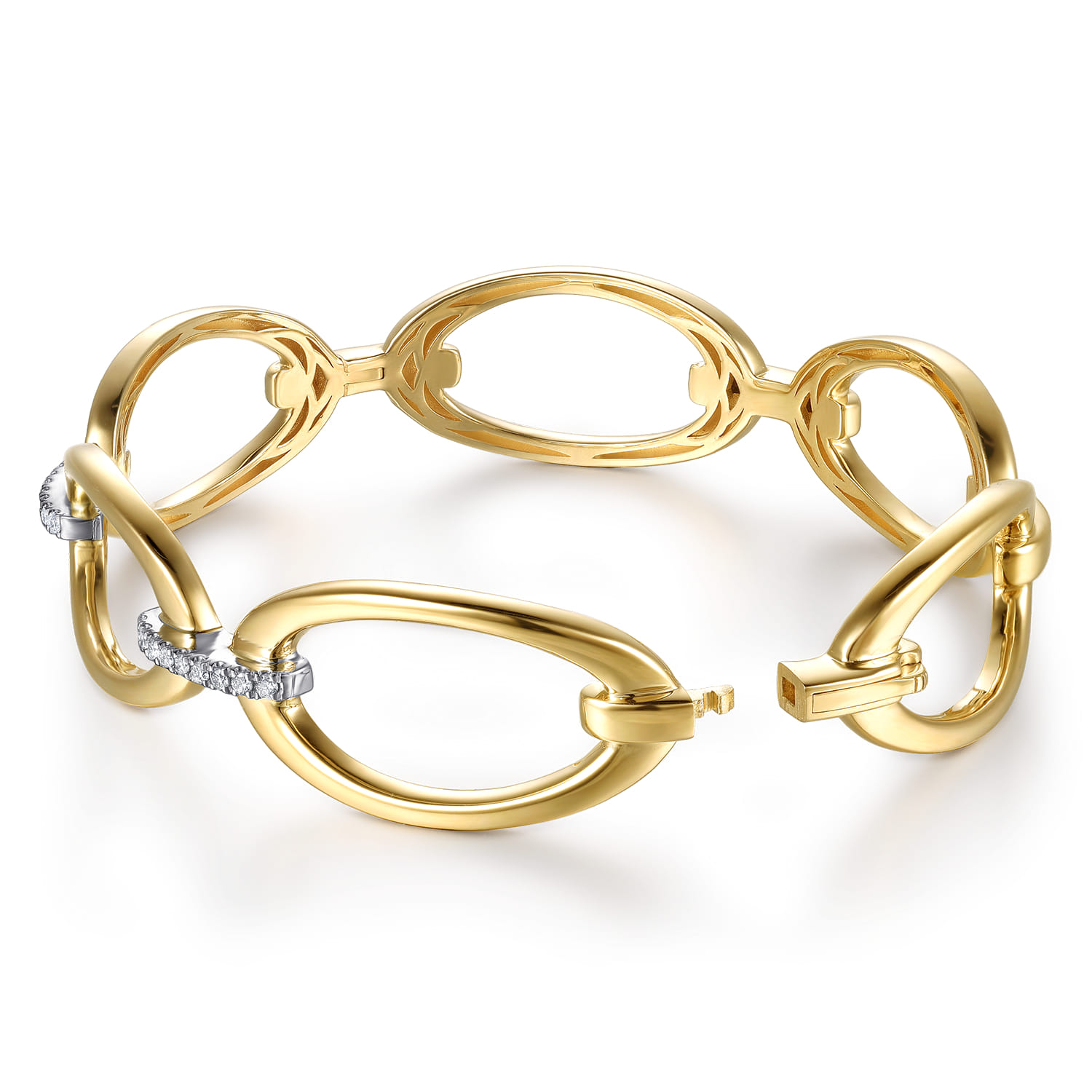 14K White  Yellow Gold Diamond Oval Link Closed Bangle Bracelet - 0.16 ct - Shot 4