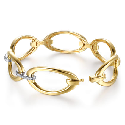 14K White  Yellow Gold Diamond Oval Link Closed Bangle Bracelet