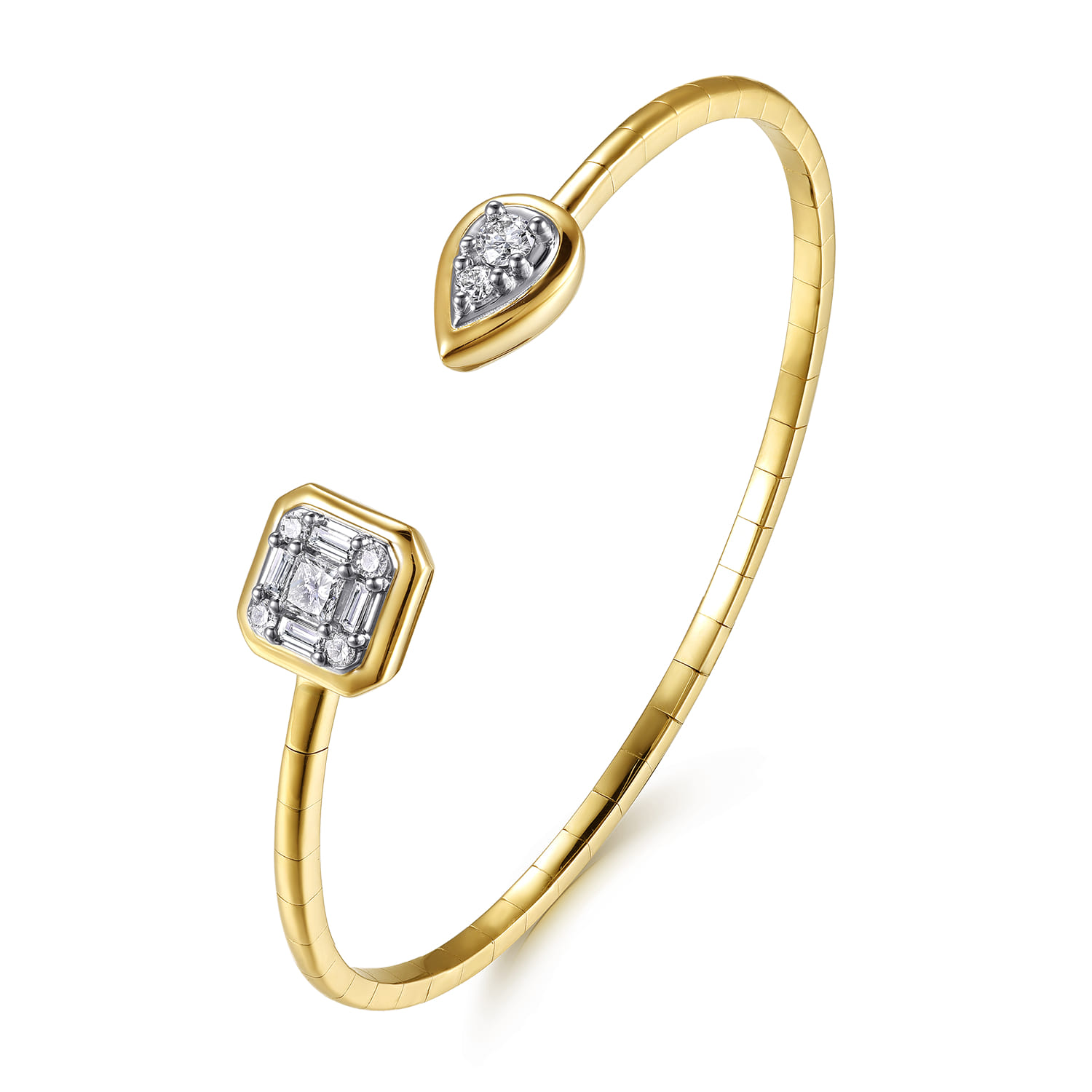14K White Yellow Gold Diamond Pear And Cushion Open Bangle Bracelet - 0.75 ct - Shot 2