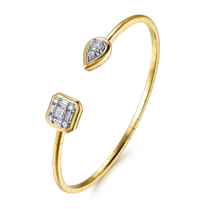 14K White Yellow Gold Diamond Pear And Cushion Open Bangle Bracelet