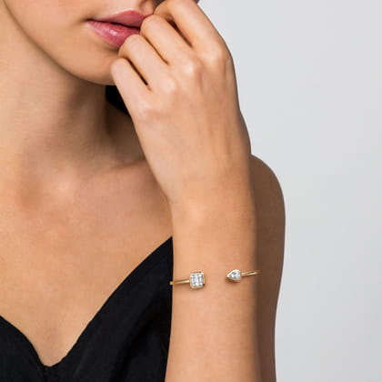 14K White Yellow Gold Diamond Pear And Cushion Open Bangle Bracelet