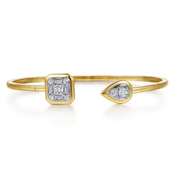 14K White Yellow Gold Diamond Pear and Cushion Open Bangle Bracelet