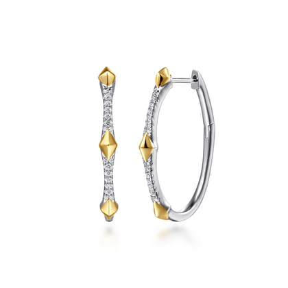 14K White  Yellow Gold Diamond Rhombus Intricate Hoop Earrings