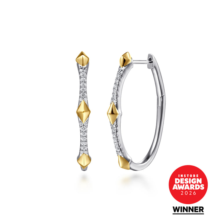 14K White  Yellow Gold Diamond Rhombus Intricate Hoop Earrings - 0.2 ct - Shot 1