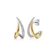 14K White  Yellow Gold Diamond Spike J Hoop Earrings