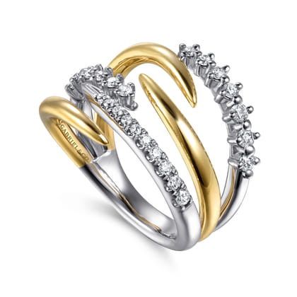 14K White  Yellow Gold Diamond Spike Wide Band Ring