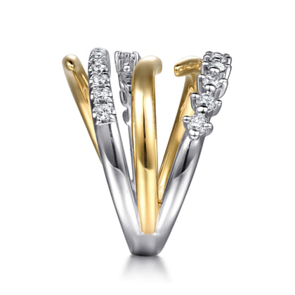 14K White  Yellow Gold Diamond Spike Wide Band Ring