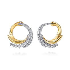 14K White  Yellow Gold Diamond Swirl Bypass Hoop Earrings