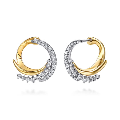 14K White  Yellow Gold Diamond Swirl Bypass Hoop Earrings