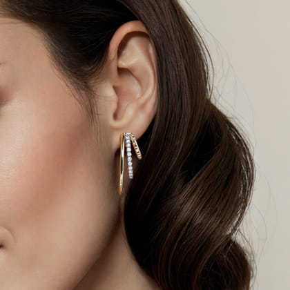 14K White  Yellow Gold Diamond Three Row J Hoop Stud Earrings