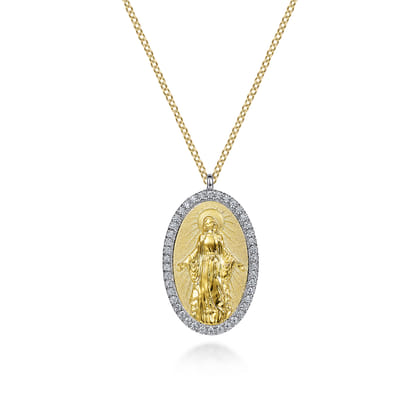 14K White-Yellow Gold Diamond Virgin Mary Pendant Necklace