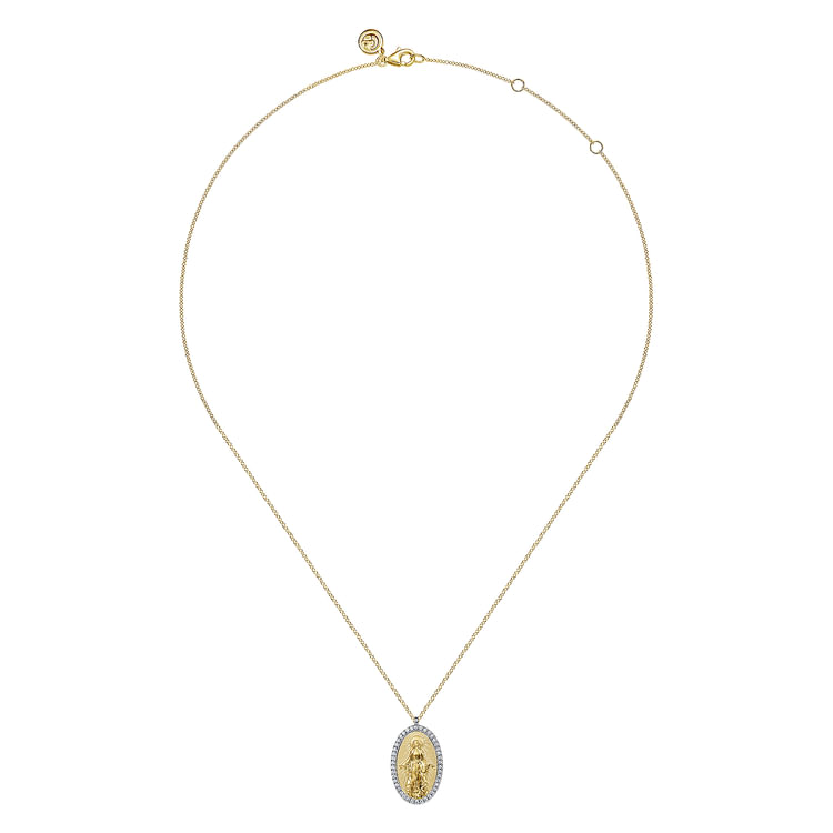 14K White-Yellow Gold Diamond Virgin Mary Pendant Necklace