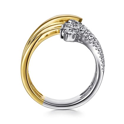 14K White  Yellow Gold Diamond Wide Bypass Fan Ring