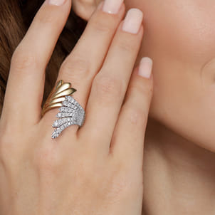 14K White  Yellow Gold Diamond Wide Bypass Fan Ring