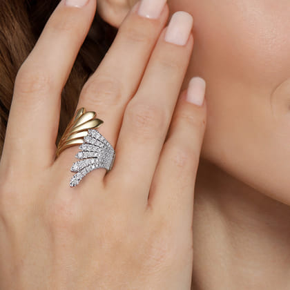 14K White  Yellow Gold Diamond Wide Bypass Fan Ring