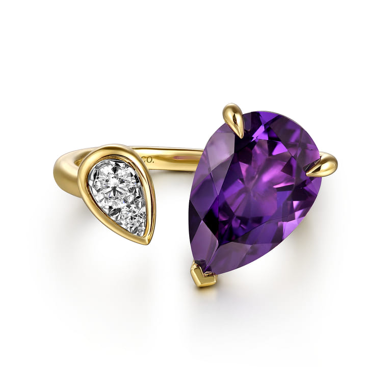 14K White  Yellow Gold Diamond and Amethyst Open Ring - 0.15 ct - Shot 1