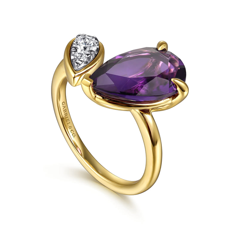 14K White  Yellow Gold Diamond and Amethyst Open Ring - 0.15 ct - Shot 3