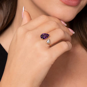 14K White  Yellow Gold Diamond and Amethyst Open Ring