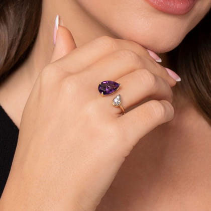 14K White  Yellow Gold Diamond and Amethyst Open Ring