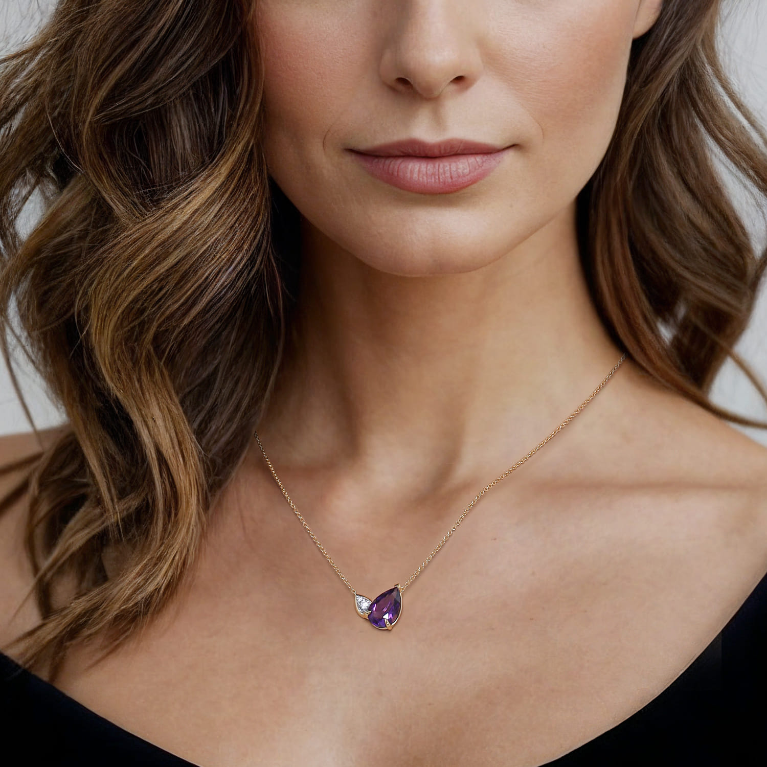 14K White  Yellow Gold Diamond and Amethyst Pendant Necklace