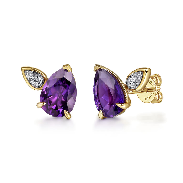 14K White  Yellow Gold Diamond and Amethyst Stud Earrings - 0.1 ct - Shot 1