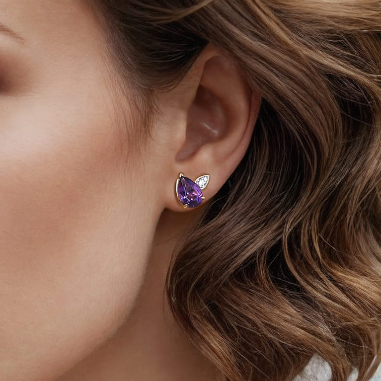 14K White  Yellow Gold Diamond and Amethyst Stud Earrings - 0.1 ct - Shot 4