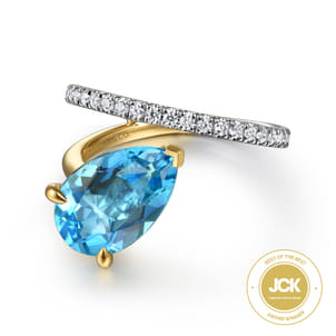 14K White  Yellow Gold Diamond and Blue Topaz Bypass Ring