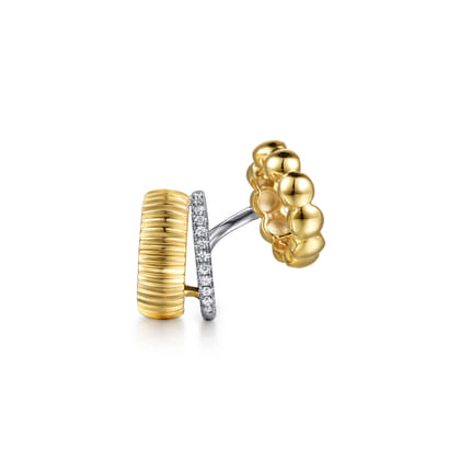 14K White Yellow Gold Diamond and Bujukan with Scalloped Contour Single Huggie Earcuff