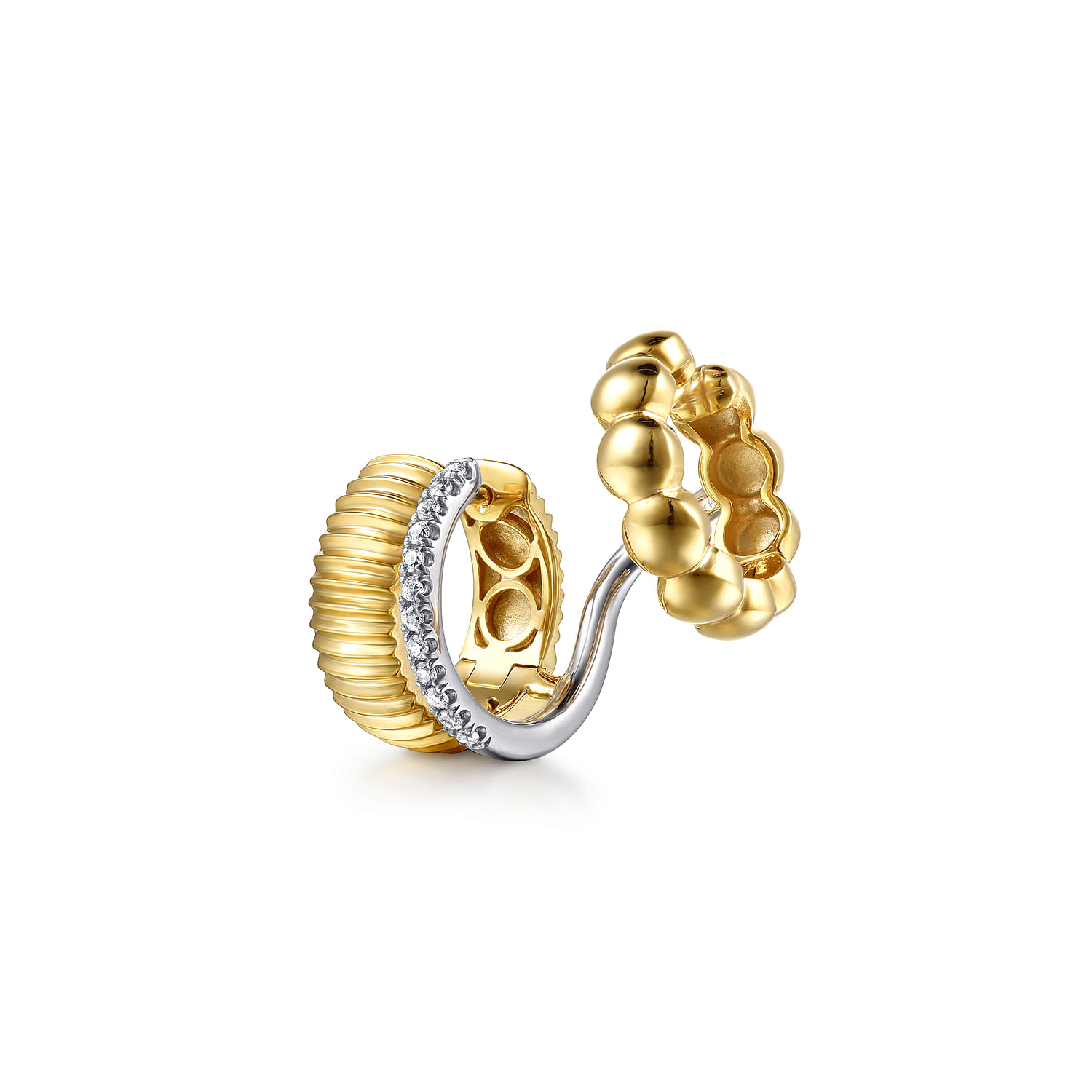 14K White  Yellow Gold Diamond and Bujukan with Shrimp Texture Single Huggie Earcuff Earrings