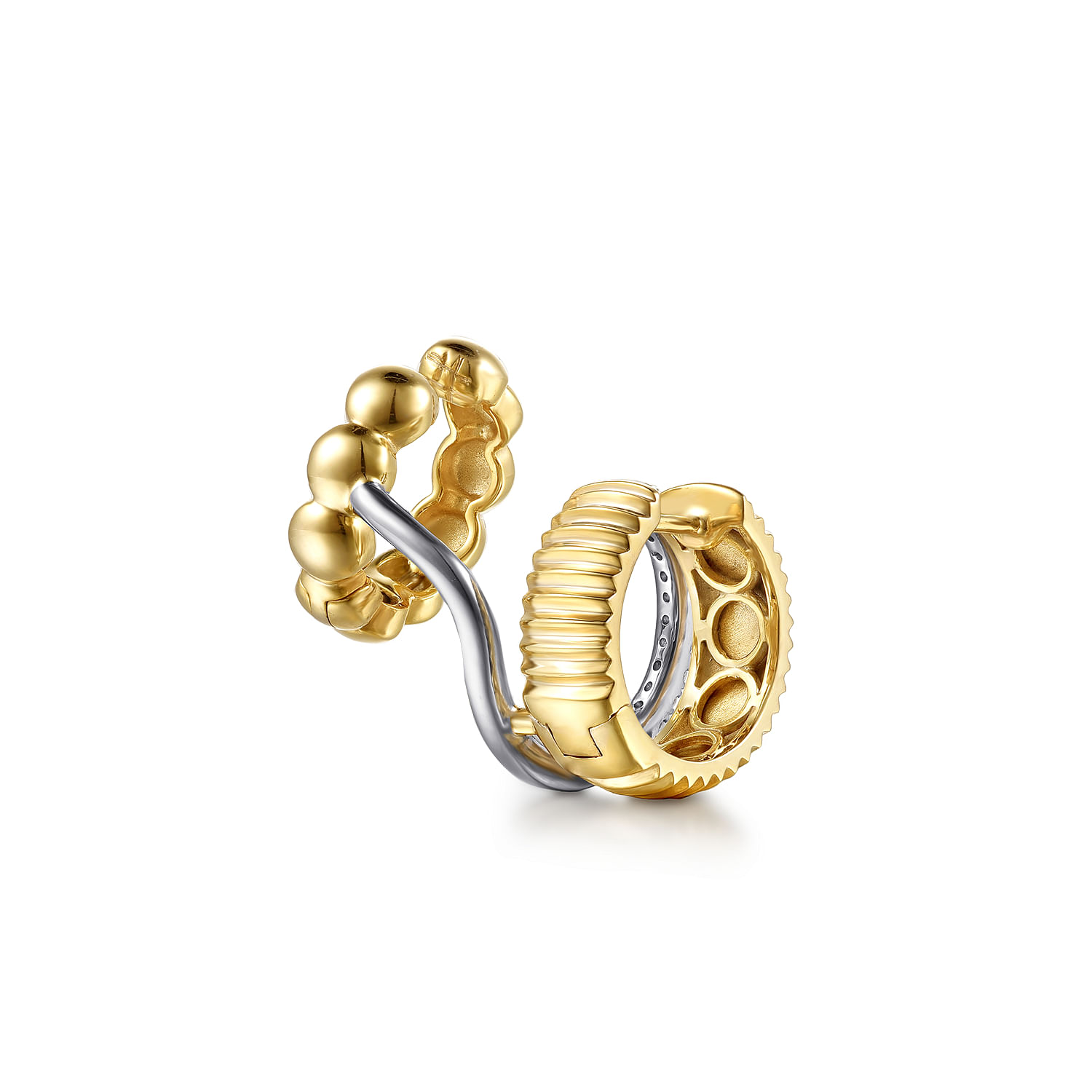 14K White  Yellow Gold Diamond and Bujukan with Shrimp Texture Single Huggie Earcuff Earrings