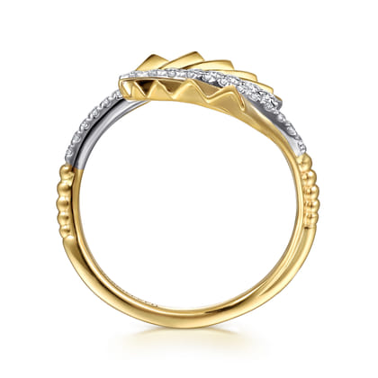 14K White  Yellow Gold Diamond and Diamond Cut Bypass Ring