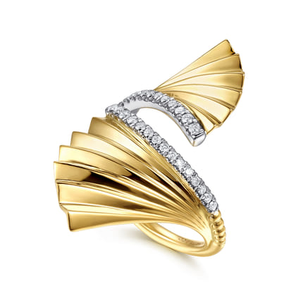 14K White  Yellow Gold Diamond and Diamond Cut Bypass Ring