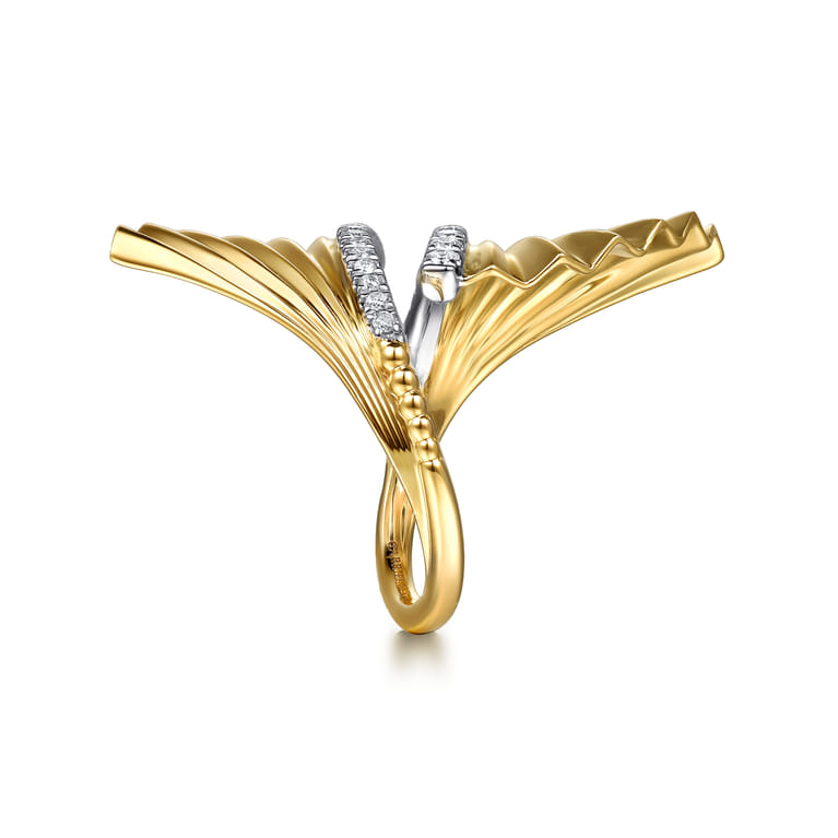14K White  Yellow Gold Diamond and Diamond Cut Bypass Ring - 0.2 ct - Shot 4