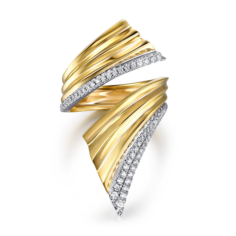 14K White  Yellow Gold Diamond and Diamond Cut Bypass Ring - 0.4 ct - Shot 1