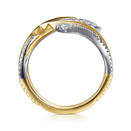 14K White  Yellow Gold Diamond and Diamond Cut Bypass Ring