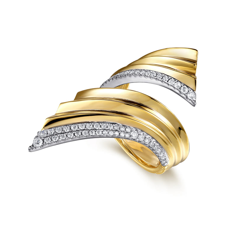 14K White  Yellow Gold Diamond and Diamond Cut Bypass Ring - 0.4 ct - Shot 3
