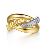 14K White Yellow Gold Diamond and Diamond Cut Criss Cross Ring