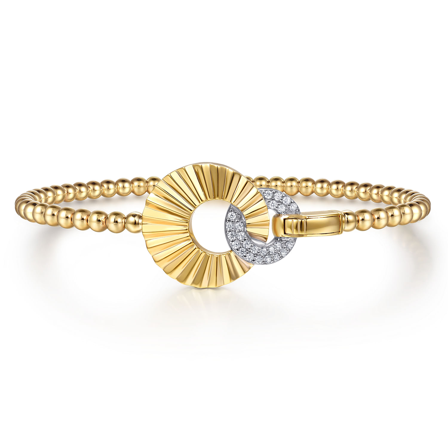 14K White  Yellow Gold Diamond and Diamond Cut Double Round Disk Bangle Bracelet