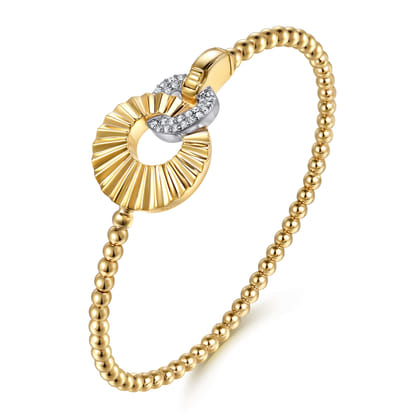 14K White  Yellow Gold Diamond and Diamond Cut Double Round Disk Bangle Bracelet