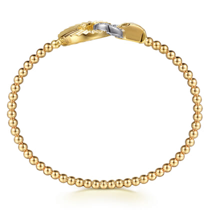 14K White  Yellow Gold Diamond and Diamond Cut Double Round Disk Bangle Bracelet