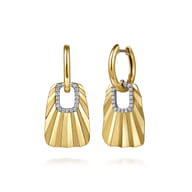 14K White  Yellow Gold Diamond and Diamond Cut Huggie Drop Earrings