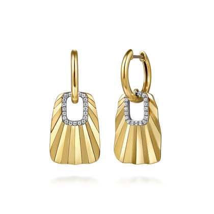 14K White  Yellow Gold Diamond and Diamond Cut Huggie Drop Earrings